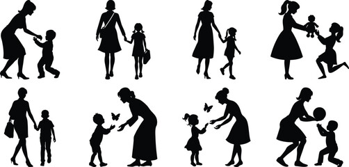 Happy Mothers' Day silhouette set. Mom and children activity vector bundle isolated on transparent background