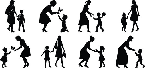 Happy Mothers' Day silhouette set. Mom and children activity vector bundle isolated on transparent background