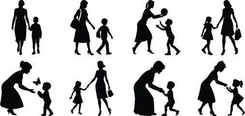 Happy Mothers' Day silhouette set. Mom and children activity vector bundle isolated on transparent background