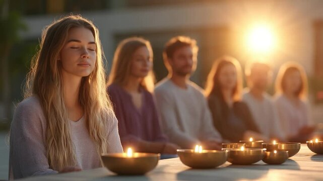 People meditating with candles in sunset serene mindfulness moment