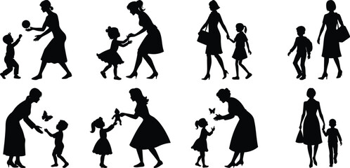 Happy Mothers' Day silhouette set. Mom and children activity vector bundle isolated on transparent background