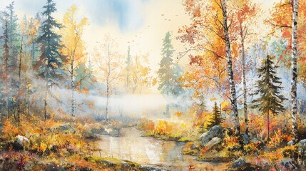 Fototapeta premium A misty autumn forest with colorful trees surrounds a calm stream, creating a serene and tranquil natural landscape.