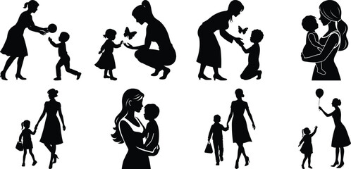 Happy Mothers' Day silhouette set. Mom and children activity vector bundle isolated on transparent background