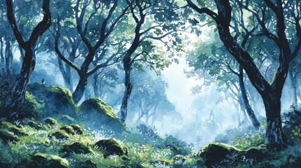 Fototapeta premium A lush, misty forest scene with tall trees, mossy rocks, and sunlight filtering through the foliage.