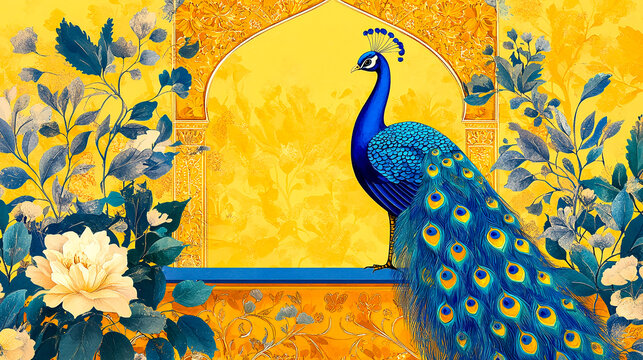 Traditional Mughal decorative garden with arch peacock seamless pattern frame for invitation