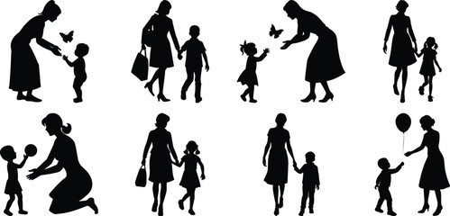 Happy Mothers' Day silhouette set. Mom and children activity vector bundle isolated on transparent background