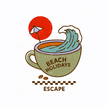 beach holiday surf coffee. Summer beach Break vector graphic design. Beach party tropical colorful poster . surfboard ice box relax chare in beach. Festival vector Illustration placard. eps