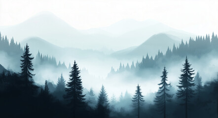 Abstract misty forest landscape with hills and trees
