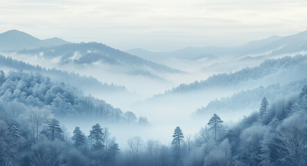 Mysterious, foggy forest landscape with misty hills and trees in winter