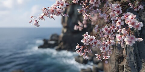 Coastal Blossom Pink Flowers on Ocean Cliffs Scenic Photography
