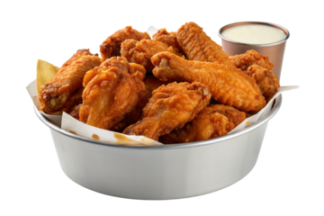 A metal bowl filled with crispy fried chicken wings and a side of white dipping sauce on white background