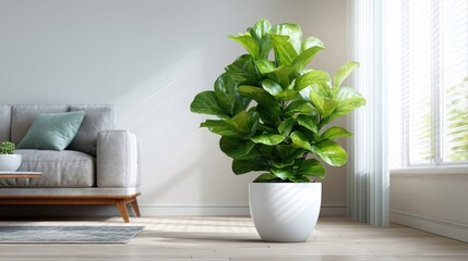 Fototapeta premium Fiddle leaf fig tree in white pot, open modern living room, sunlight beams