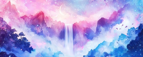 A dreamy, pastel landscape featuring a waterfall, misty mountains, a crescent moon, and birds, evoking a magical, fantasy atmosphere.