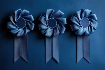 First Second Third. Champion Championship Rosettes Closeup. Blue Ribbons for Accolade and Achievement