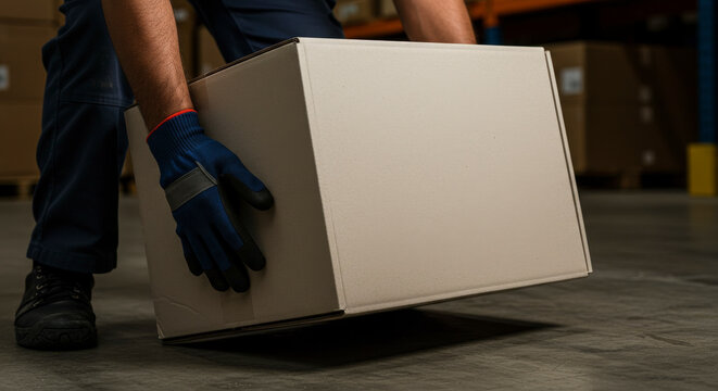 Worker Lifting a Large Cardboard Box in a Warehouse