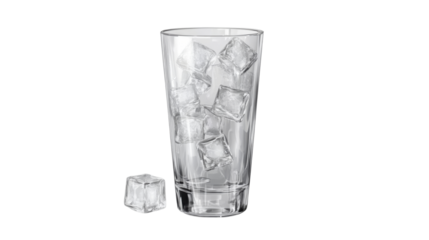 Clear glass filled with transparent ice cubes showing cold refreshment and frosty texture, isolated on white background