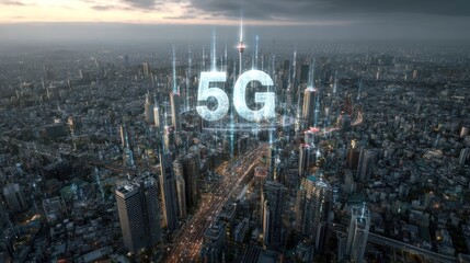 5G network over a cityscape with skyscrapers and a cloudy sky.