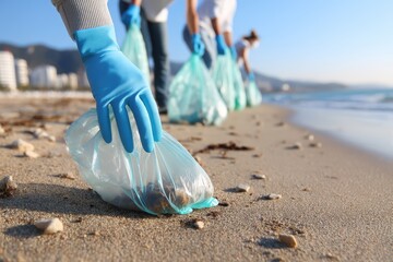 Volunteers wearing gloves clean up litter from a sandy beach, collecting trash into plastic bags under a clear sky.
