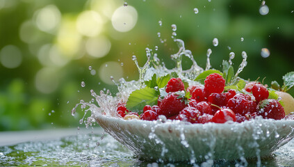 Fresh summer berries and mint leaves in a bowl with splashing water