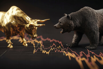 Dynamic confrontation between gold bull and black bear on stock market downturn background
