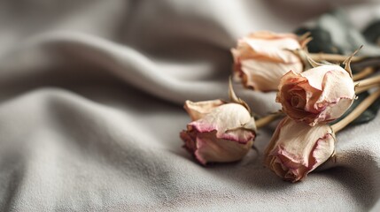 Minimalist flat lay with dried roses and soft fabric folds, neutral lighting