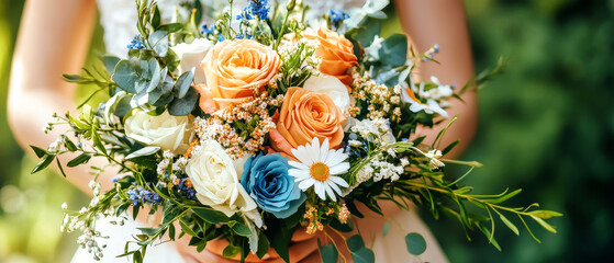 Beautiful bridal bouquet featuring roses, eucalyptus, poppies, and daisies in rustic colors