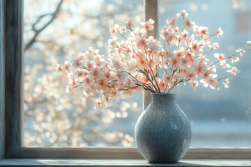 Delicate pink blossoms in a rustic vase, bathed in sunlight near a window.