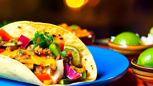 A delicious mango taco with grilled chipotle chicken and bell peppers, garnished with cilantro and lime, sits on a blue plate with blurred Mexican cuisine elements in the background.