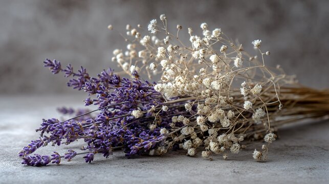Muted palette of dried lavender and baby&rsquo;s breath, neutral paper background, minimal concept,