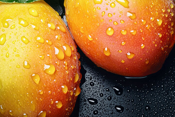 Fresh mangoes glistening with water droplets on a sleek black background for a stunning artistic display