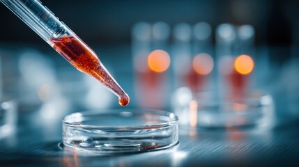 Pipette dropping red liquid into a petri dish with test tubes in background.