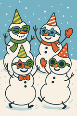 Dancing Snowmen in Party Hats and Fun Glasses Celebrate in the Falling Snow