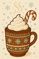 Holiday Hot Chocolate in Patterned Mug with Cream and Candy Cane on Beige Background
