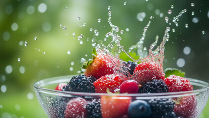 Water splashing on fresh berries in a bowl against a green background