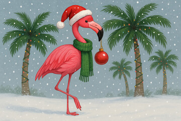 Pink Flamingo with Santa Hat and Green Scarf Holding Red Bauble in Snowy Scene with Palm Trees