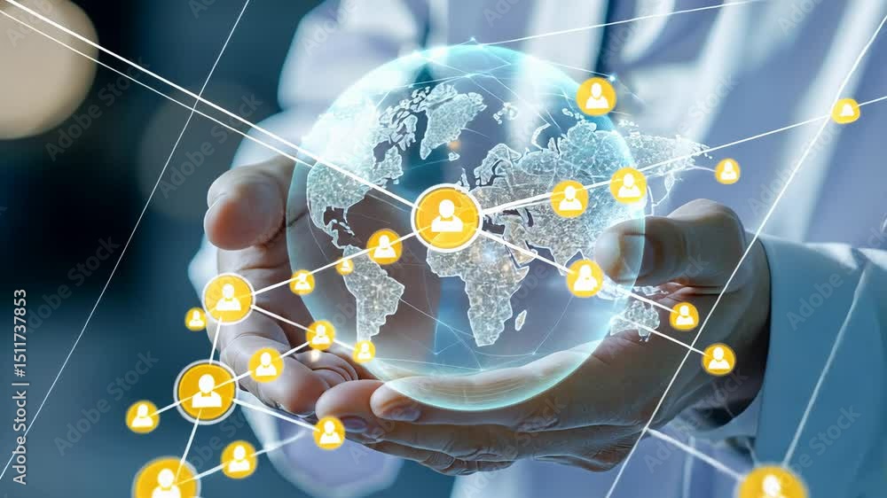 Poster global networking concept with hands holding digital earth and connections.