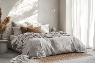 A serene bedroom with a linen duvet cover, soft pillows, and natural light.