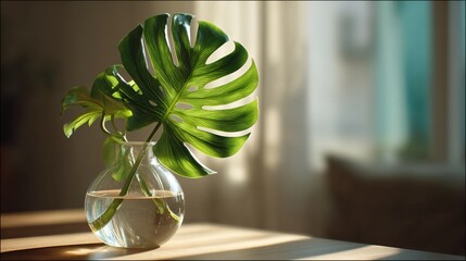 Solitary monstera leaf in clear glass vase, minimal decor, sunlight casting soft shadows