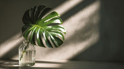 Solitary monstera leaf in clear glass vase, minimal decor, sunlight casting soft shadows