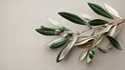 Sprig of olive leaves over a blank canvas, natural tones, artful simplicity