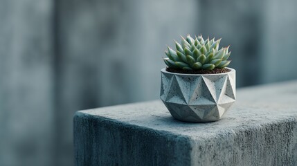 Succulent plant in geometric pot, placed on concrete pedestal, modern and minimal