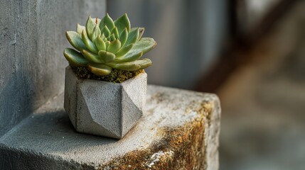 Succulent plant in geometric pot, placed on concrete pedestal, modern and minimal