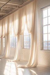 Beautiful, soft, cream-colored, draped curtains in a large, white loft space with windows and a city view.