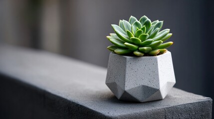 Succulent plant in geometric pot, placed on concrete pedestal, modern and minimal