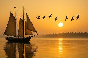 Majestic Sunset Sailing Scene with Birds Flying Over Tranquil Lake and Forest Silhouette – Peaceful Nautical Landscape Photography