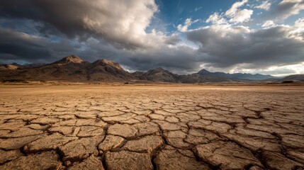 Cracked dry earth foreground with mountains and dramatic cloudy sky background.