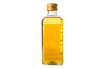A clear glass bottle filled with yellow liquid and a gold cap sits against a black background alone