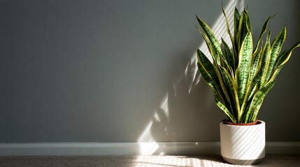 Tall snake plant in modern corner with sunlight streaks, negative space above
