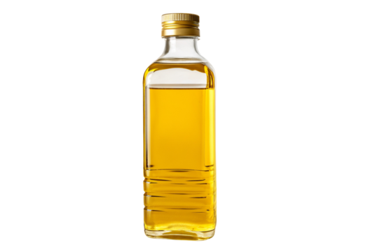 A clear glass bottle filled with yellow liquid and a gold cap against a black background in studio shot