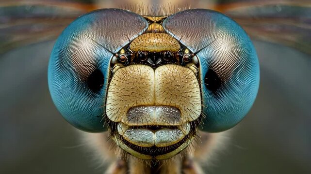 Extreme macro of a dragonfly face showcasing its compound eyes.